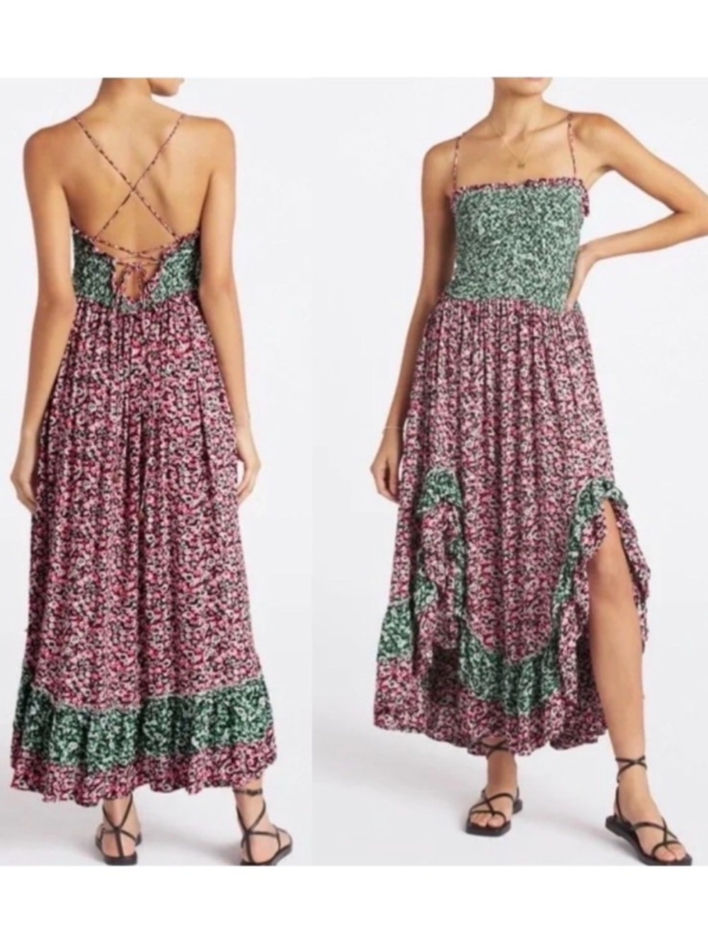 Free People Pink and Green Floral Smocked Maxi Dress
